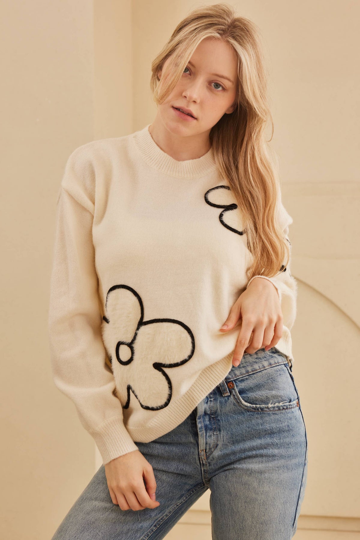 Flower Stitched Loose Fit Sweater