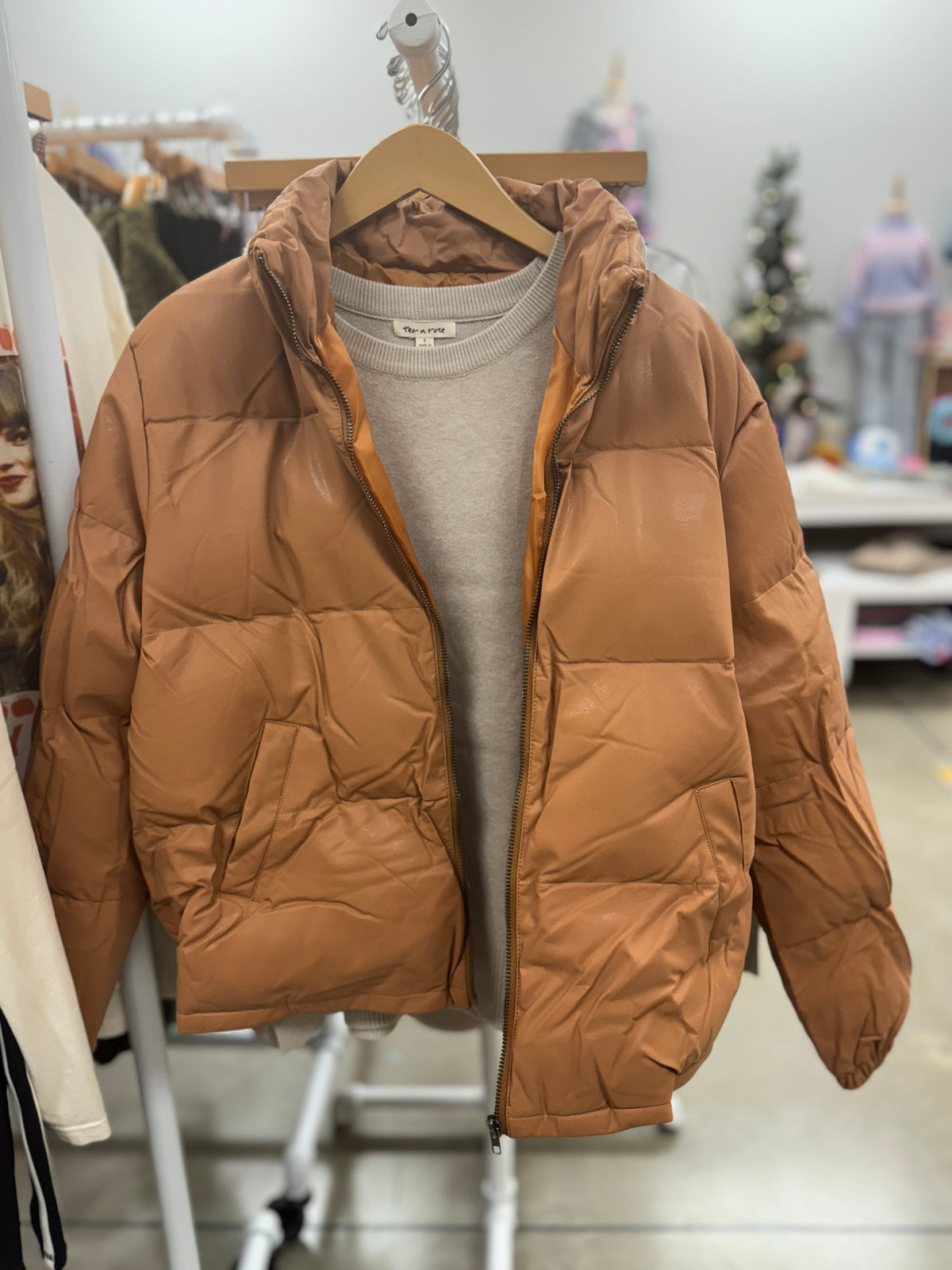 Camel Leather Puffer Jacket