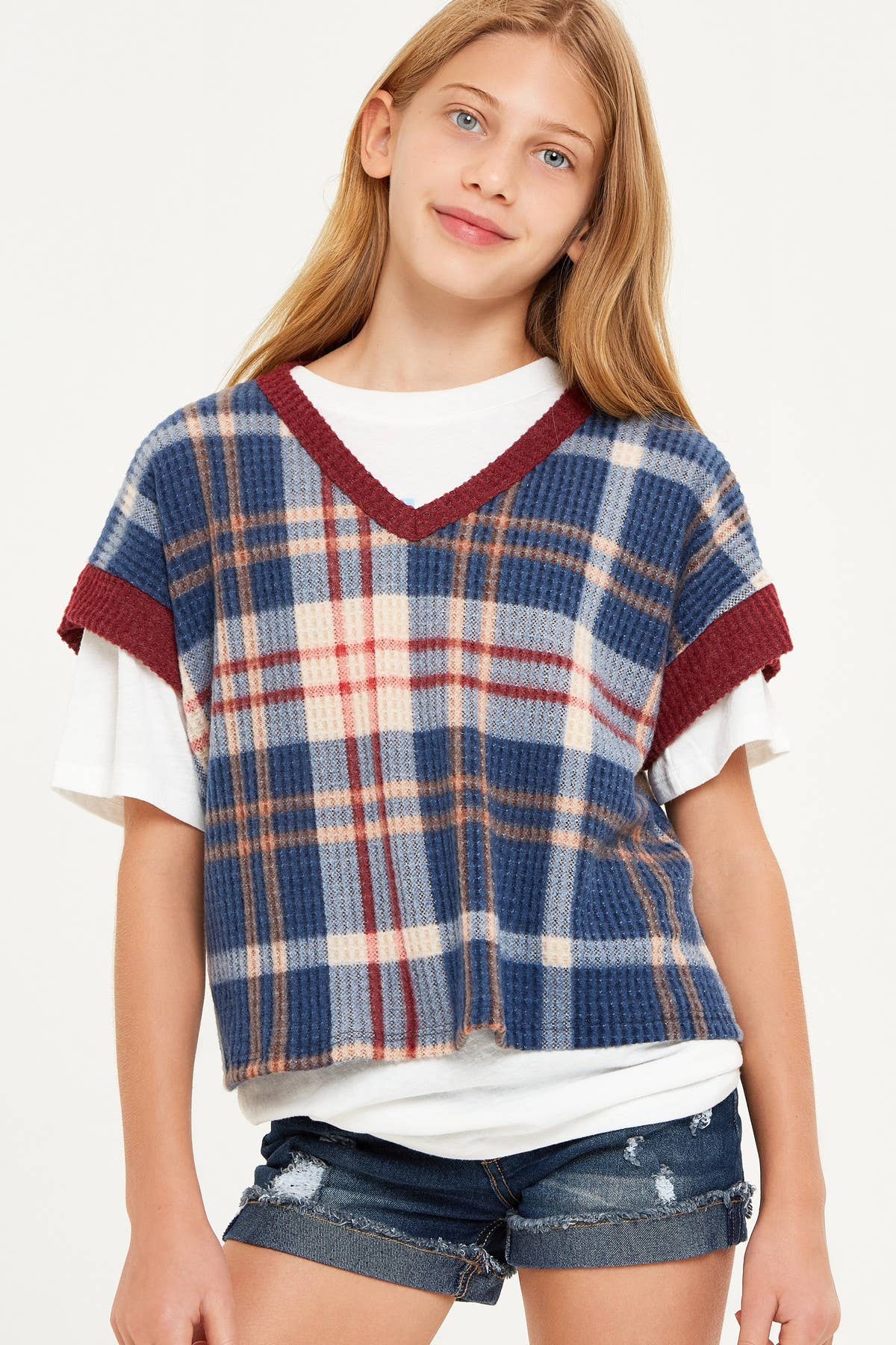 Plaid Waffle Knit Vest (Tween)